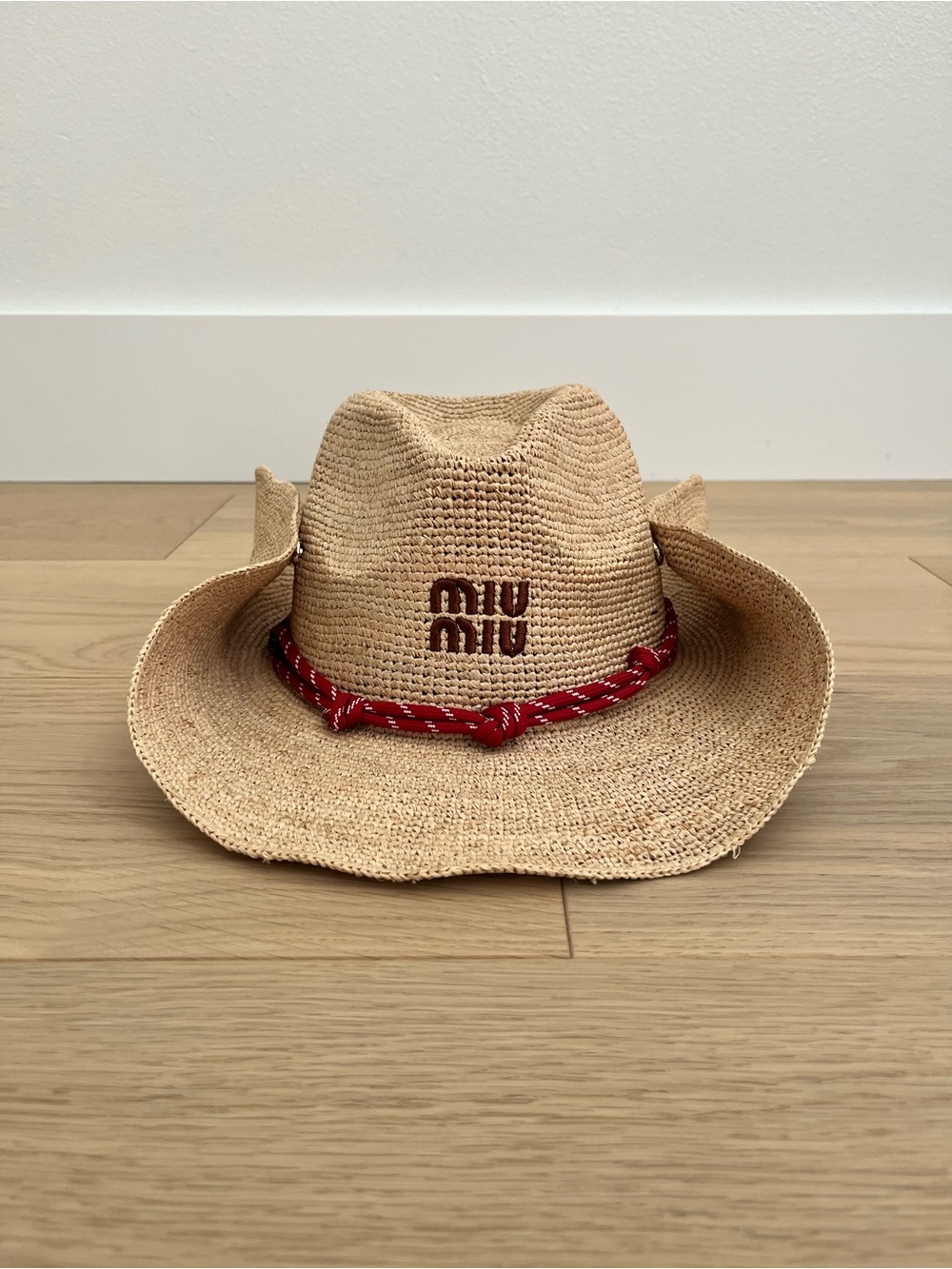 Miu Miu Natural Straw Hat with Red Rope Trim